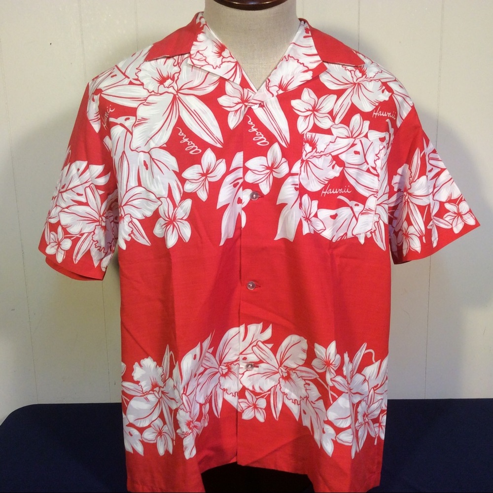 Aikane Hawaii Vintage 60’s Mens Red with White Floral Hawaiian shirt size large